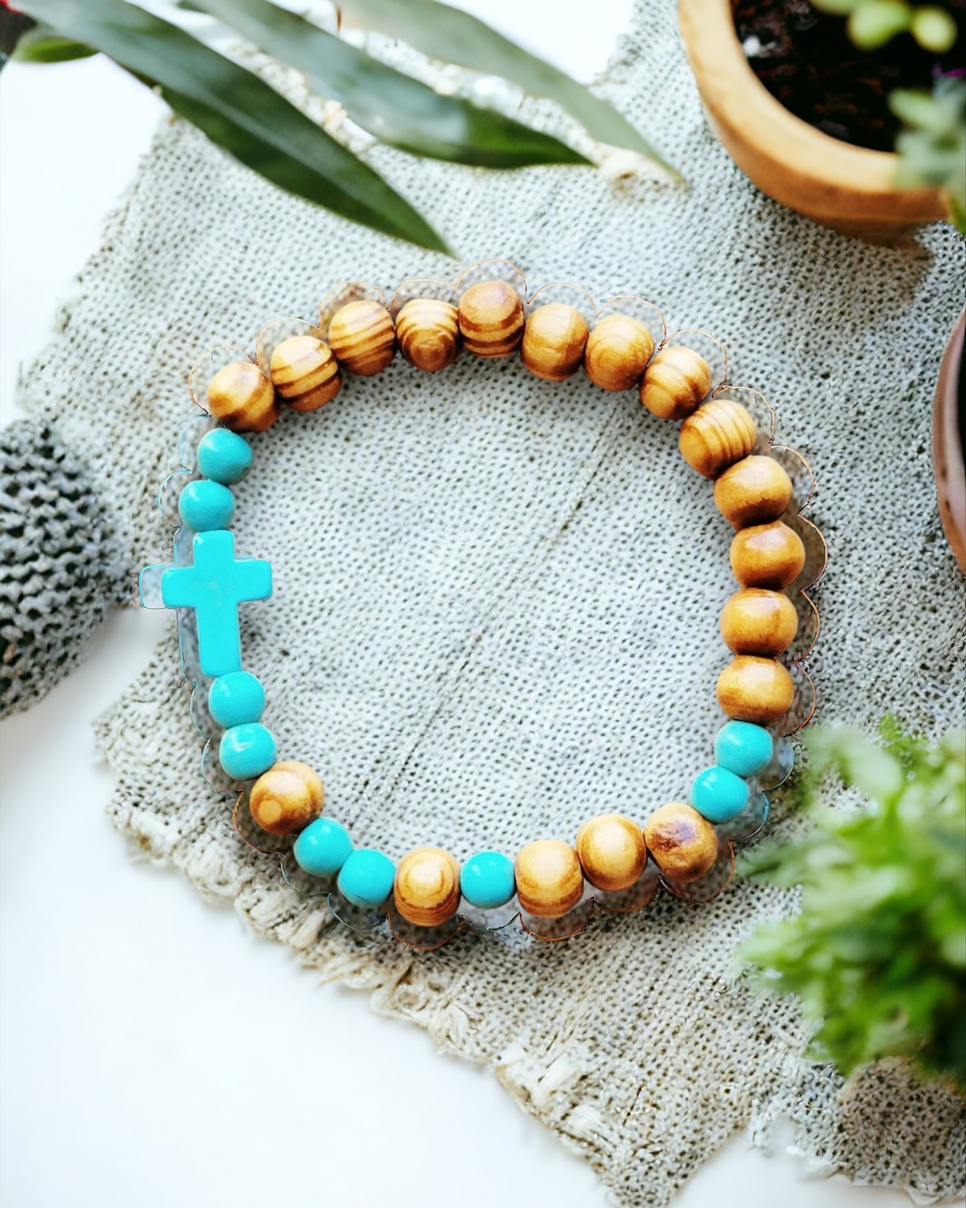 Bracelet Bar-Wood & Blue Turquoise Beads