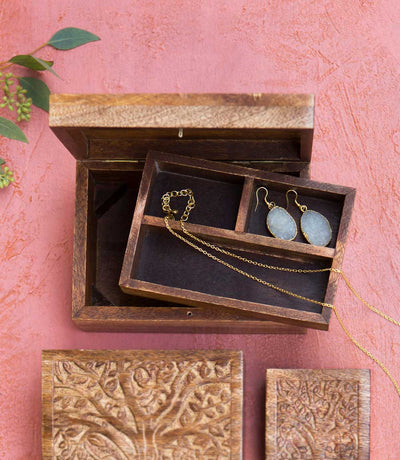 Aranyani Tree of Life Jewelry Box With Tray - Hand Carved Wood by Matr Boomie