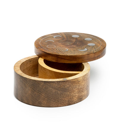 Indukala Moon Phase Round Pivot Box - Handcrafted Mango Wood by Matr Boomie