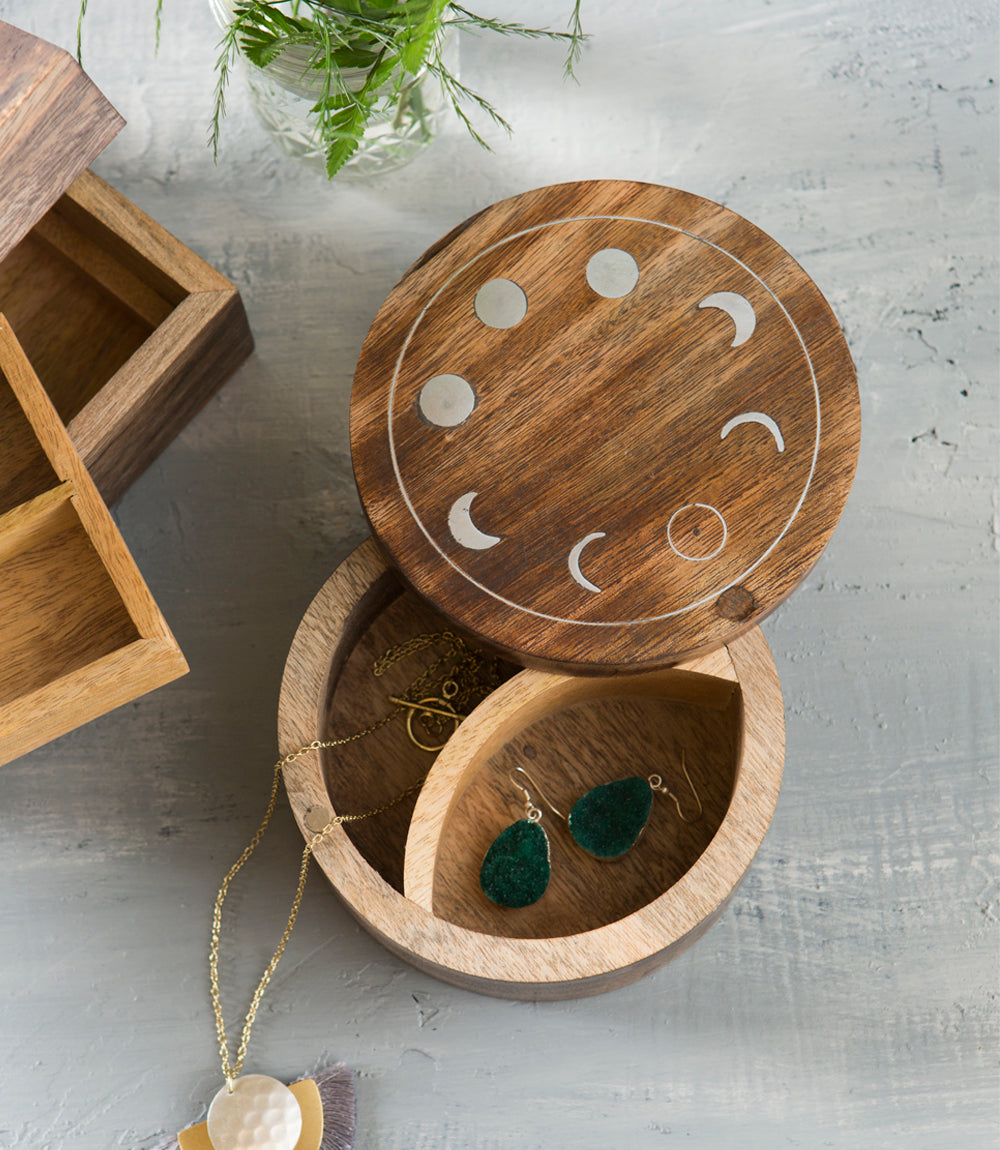 Indukala Moon Phase Round Pivot Box - Handcrafted Mango Wood by Matr Boomie