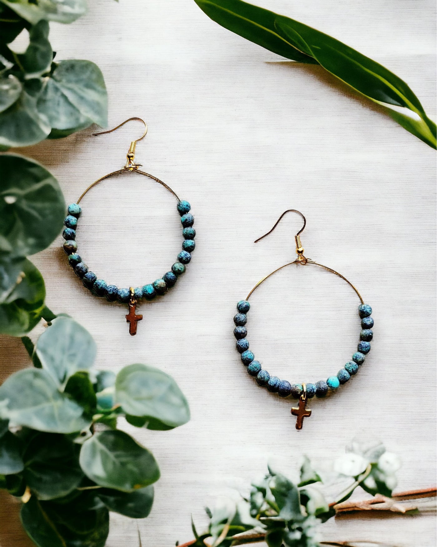 Beaded Hoop Earrings- African Turquoise w/ Cross Dangle 215e by The Jewelry Junkie