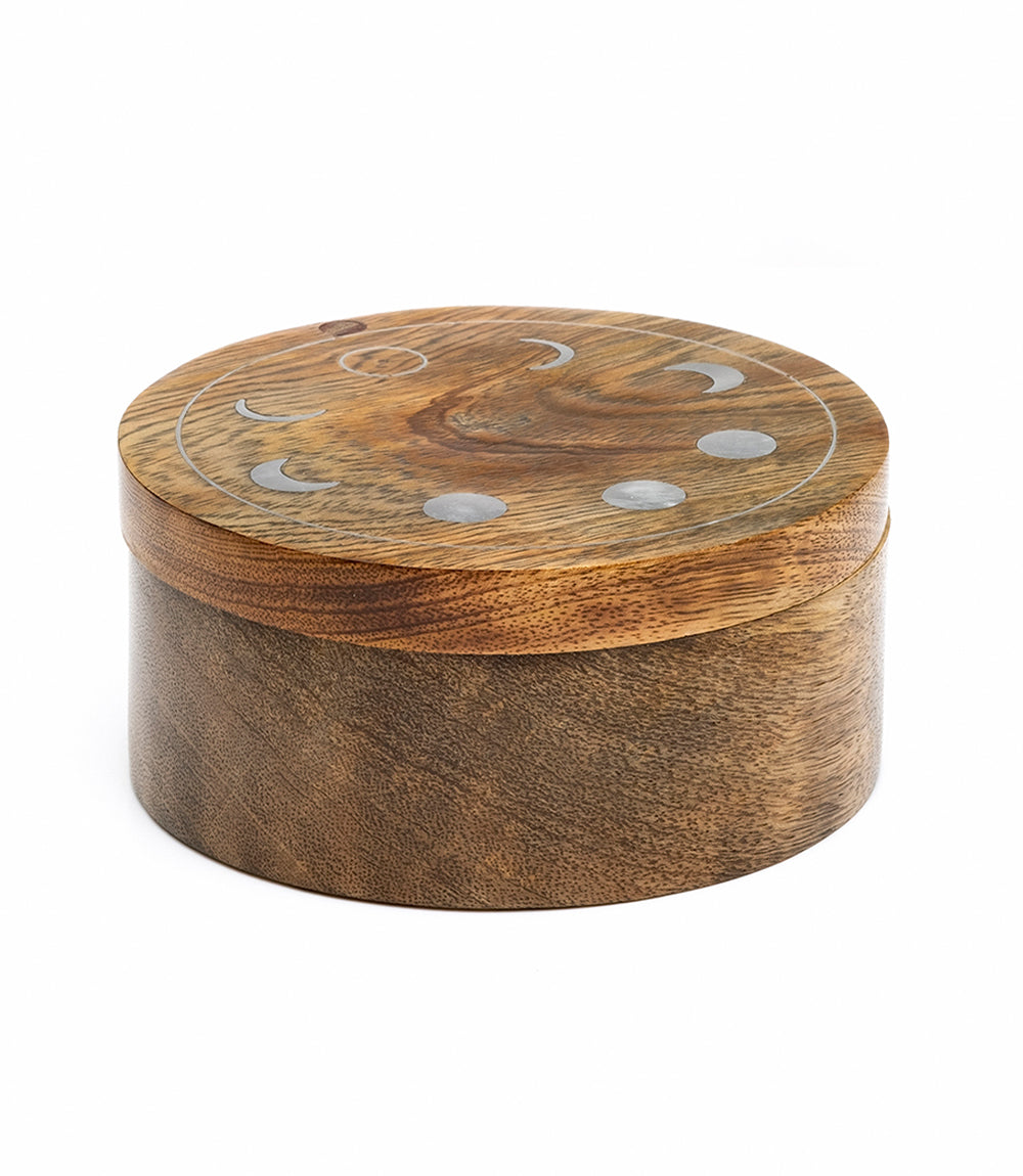 Indukala Moon Phase Round Pivot Box - Handcrafted Mango Wood by Matr Boomie