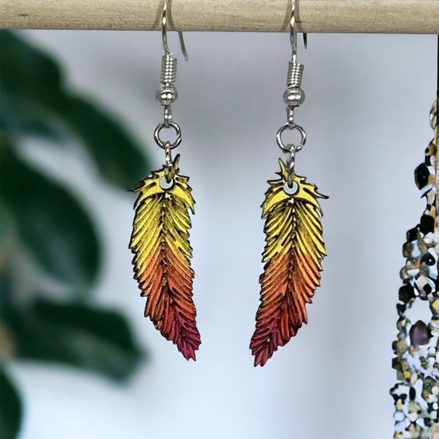 Red and Yellow Wooden Feather Dangle Earrings by Cate's Concepts, LLC