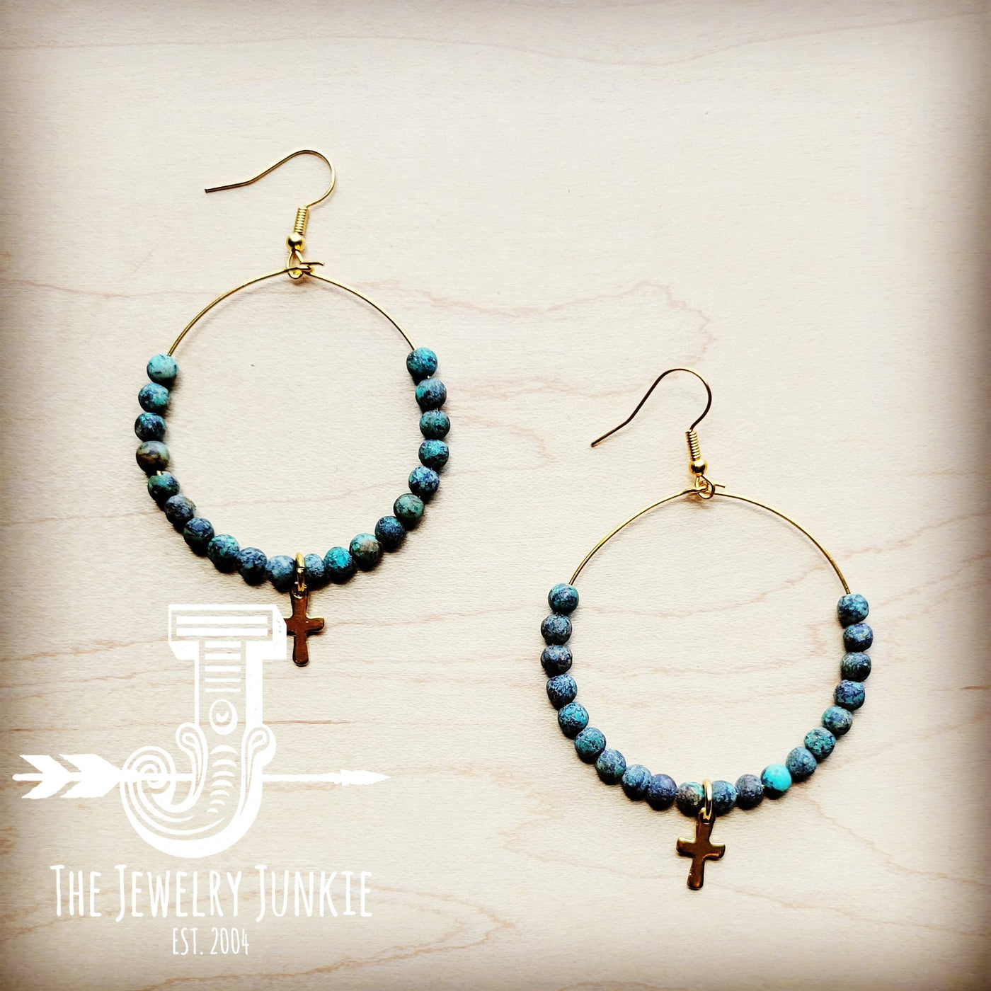 Beaded Hoop Earrings- African Turquoise w/ Cross Dangle 215e by The Jewelry Junkie