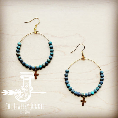 Beaded Hoop Earrings- African Turquoise w/ Cross Dangle 215e by The Jewelry Junkie