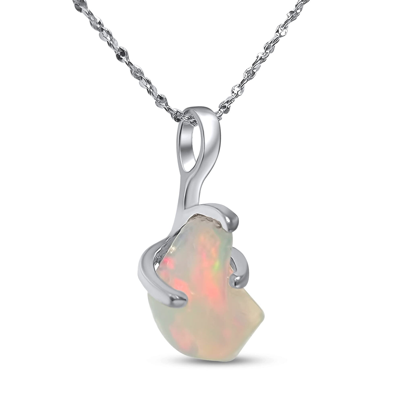 Natural raw Opal pendant chain necklace with white gold over 925 solid sterling silver, October birthstone dainty solitaire gift for her, uniquelan jewelry (fire-opal)