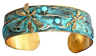 Elaine Coyne Patina Dragonflies on Feather Wearable Art Cuff Bracelet with Turquoise