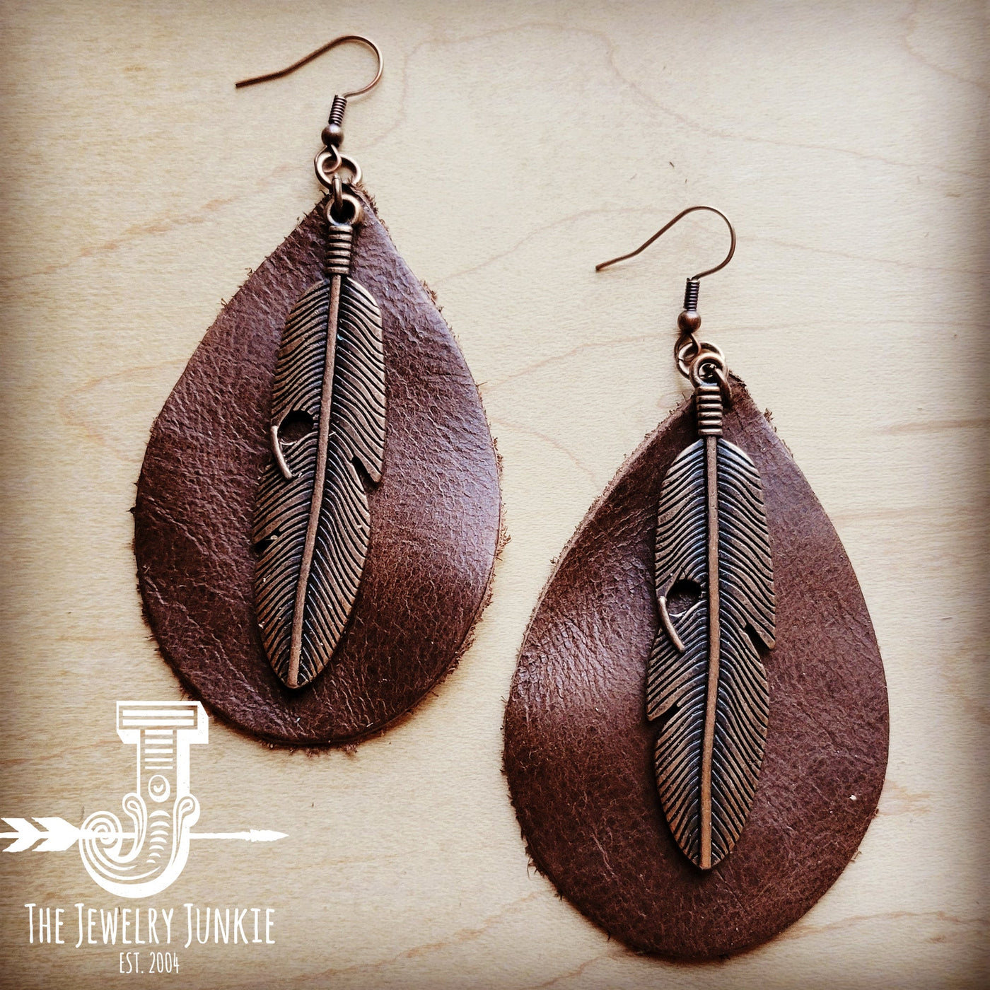 Leather Teardrop Earrings Brown w/ Copper Feather 208a by The Jewelry Junkie