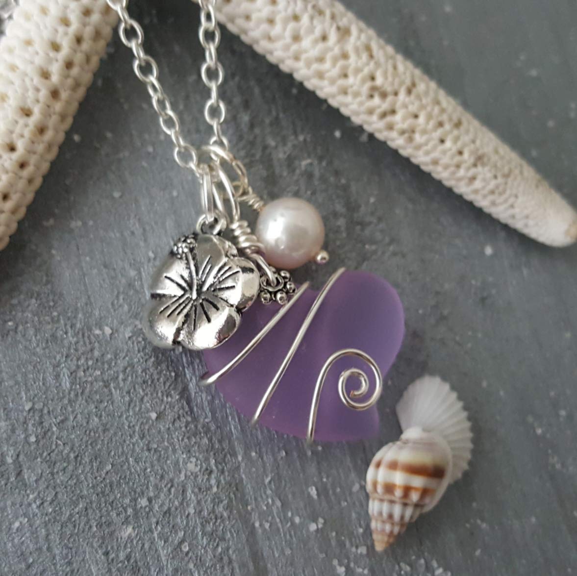 Yinahawaii Handmade Sea Glass Necklace, Hawaiian Jewelry for Women, Wire Heart Necklace "Magical Color Changing" Purple Necklace, Hibiscus Pearl Necklace, Beach Jewelry, (February Birthstone Jewelry)