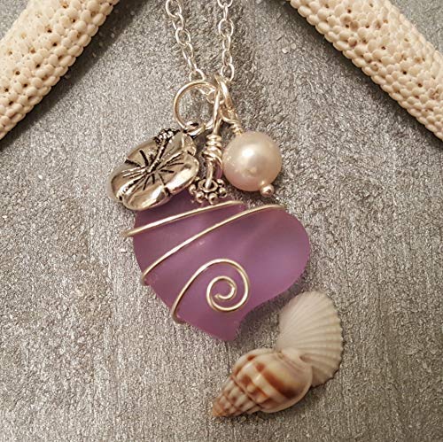 Yinahawaii Handmade Sea Glass Necklace, Hawaiian Jewelry for Women, Wire Heart Necklace "Magical Color Changing" Purple Necklace, Hibiscus Pearl Necklace, Beach Jewelry, (February Birthstone Jewelry)