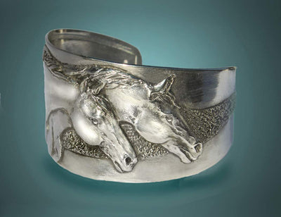 Two Horse Heads cuff bracelet handmade USA.