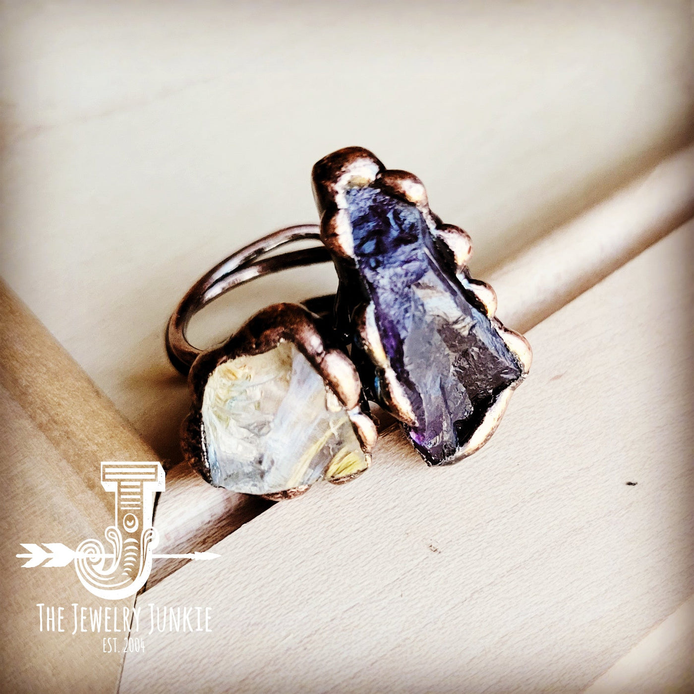 Genuine Amethyst and Quartz Ring in a Copper Setting 012a by The Jewelry Junkie