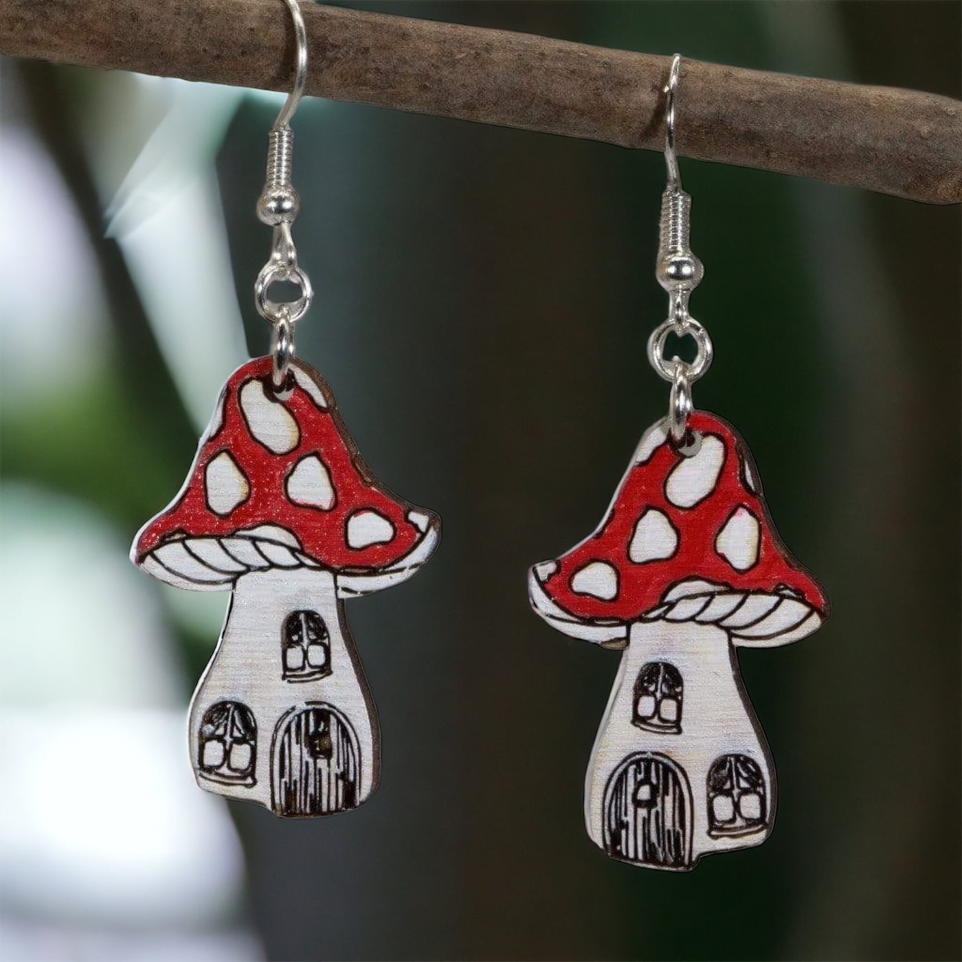 Mushroom House Wooden Dangle Earrings by Cate's Concepts, LLC