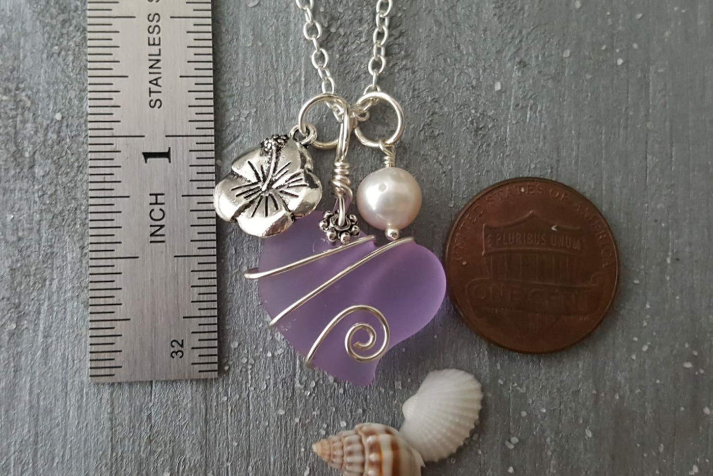 Yinahawaii Handmade Sea Glass Necklace, Hawaiian Jewelry for Women, Wire Heart Necklace "Magical Color Changing" Purple Necklace, Hibiscus Pearl Necklace, Beach Jewelry, (February Birthstone Jewelry)