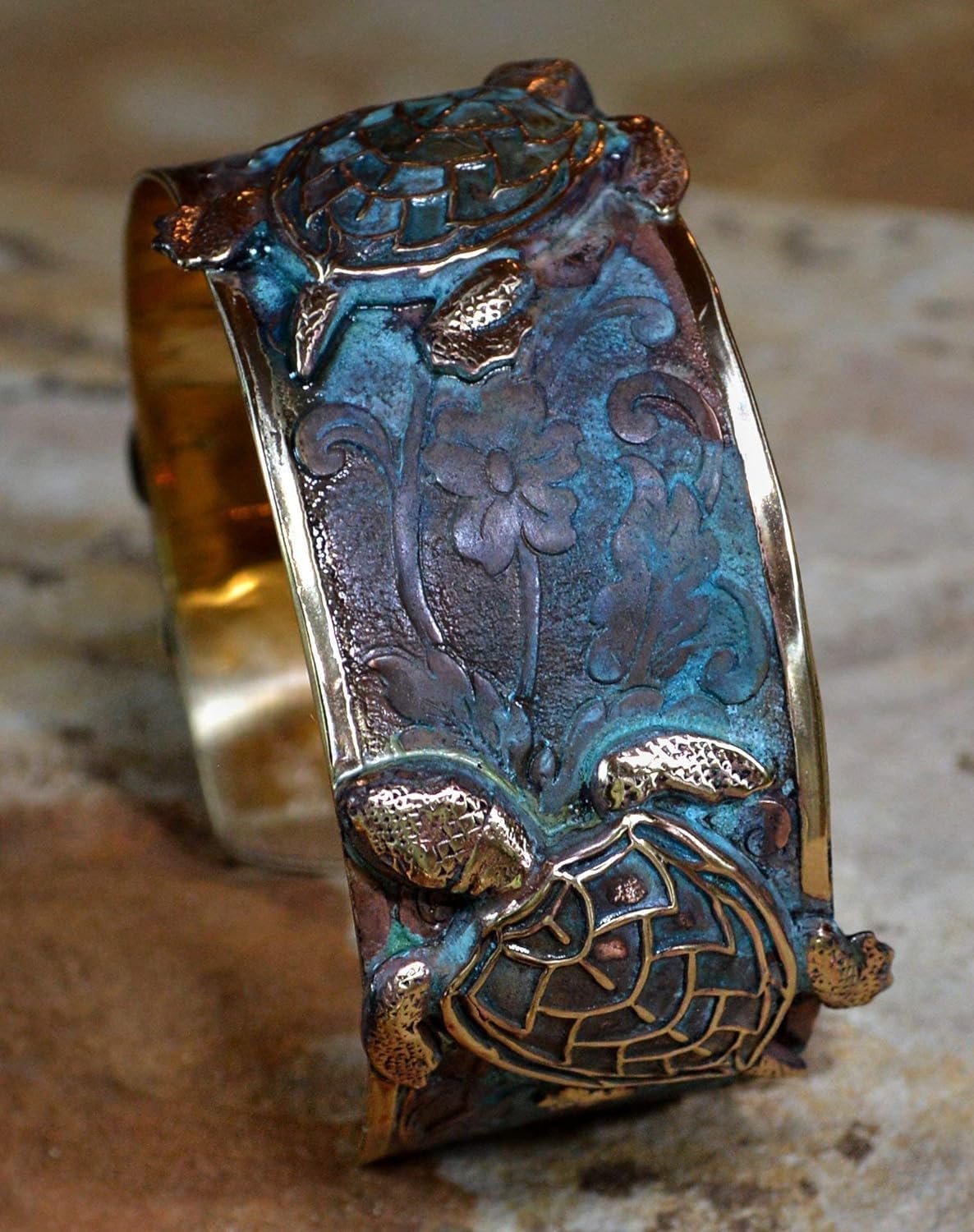 Classic Sea Turtle Cuff Bracelet - USA Made - Verdigris Patina Brass