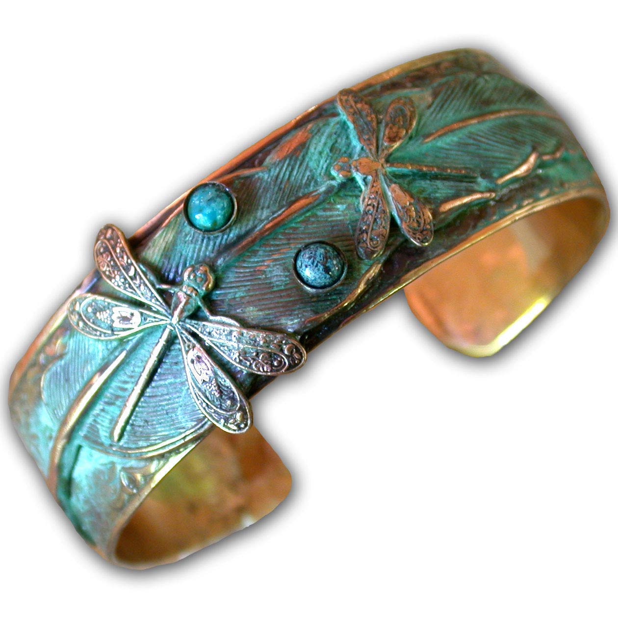 Elaine Coyne Patina Dragonflies on Feather Wearable Art Cuff Bracelet with Turquoise