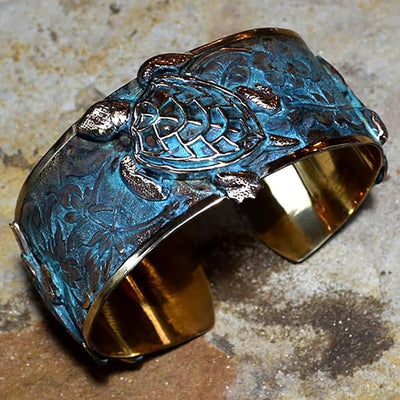 Classic Sea Turtle Cuff Bracelet - USA Made - Verdigris Patina Brass