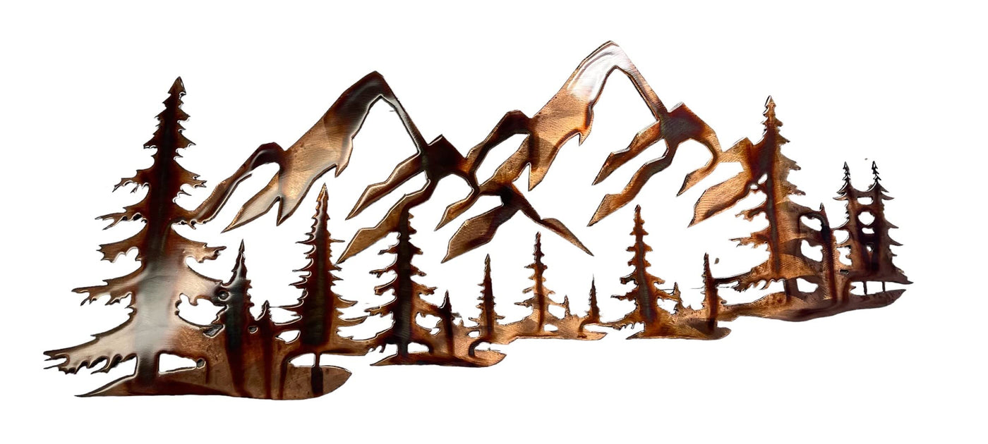 Copper Plated Metal Art Scene - Trees and Mountains (47" x 19 3/4")