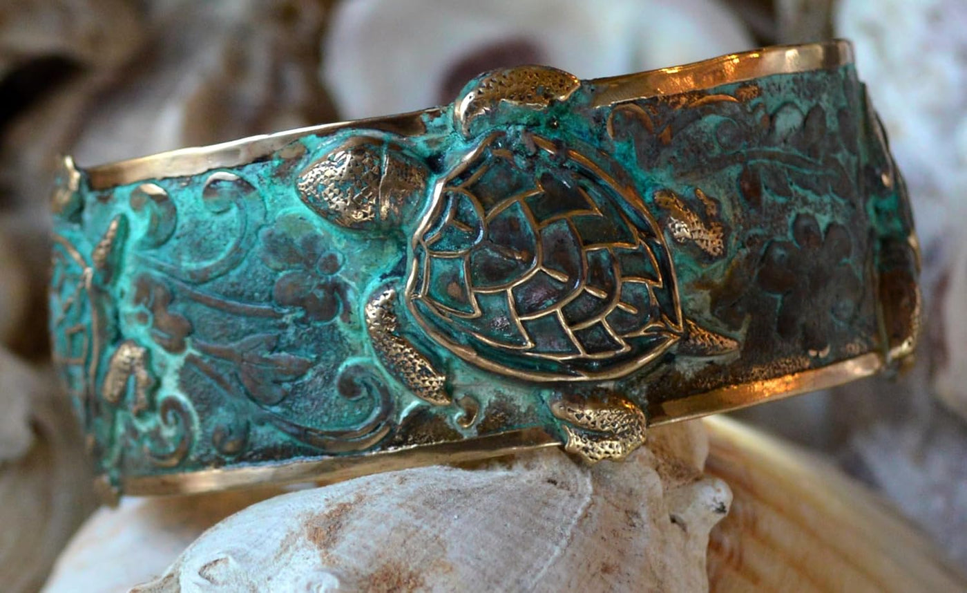 Classic Sea Turtle Cuff Bracelet - USA Made - Verdigris Patina Brass