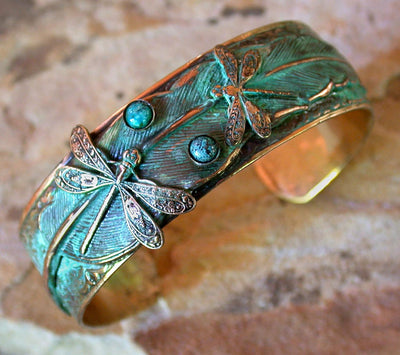 Elaine Coyne Patina Dragonflies on Feather Wearable Art Cuff Bracelet with Turquoise