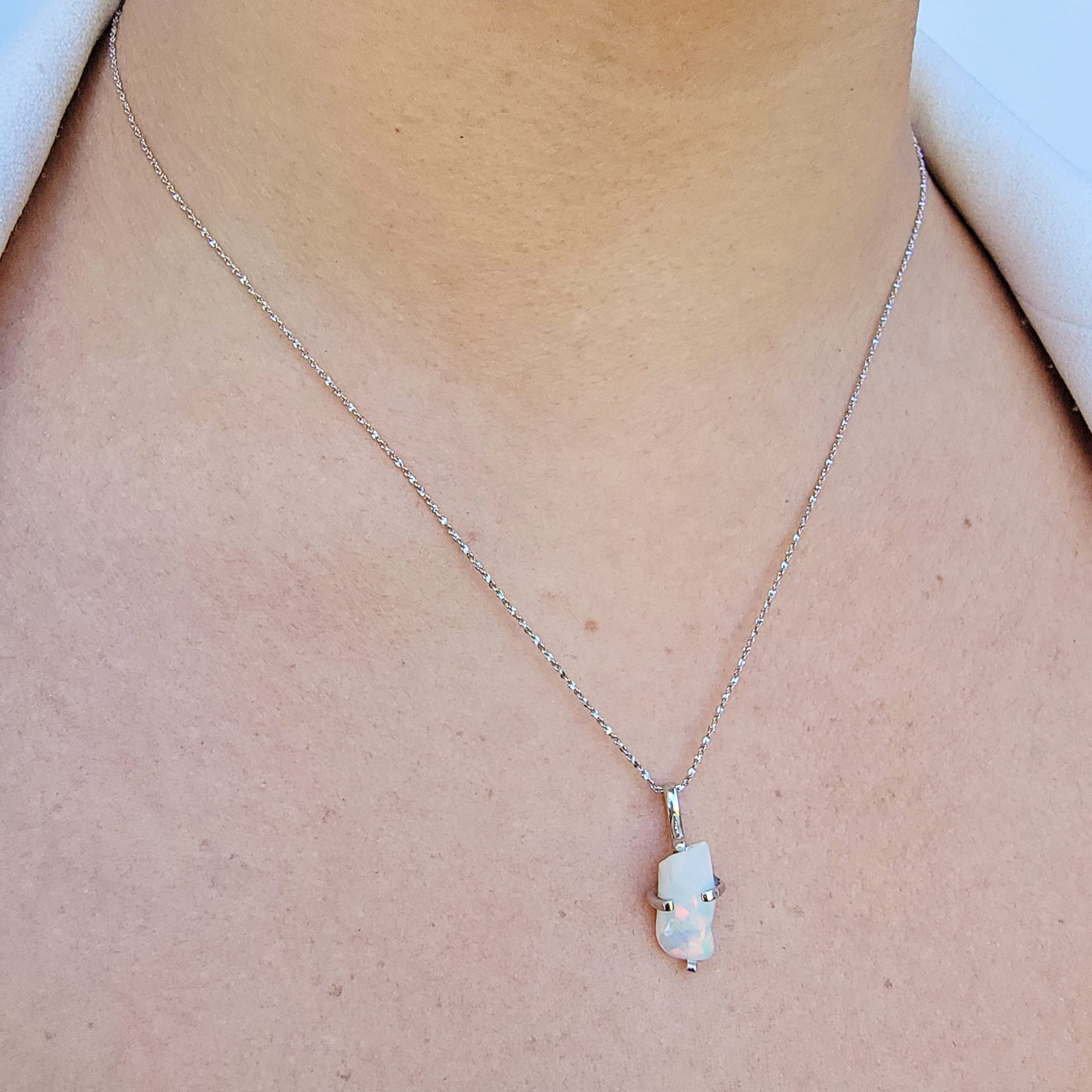 Natural raw Opal pendant chain necklace with white gold over 925 solid sterling silver, October birthstone dainty solitaire gift for her, uniquelan jewelry (fire-opal)