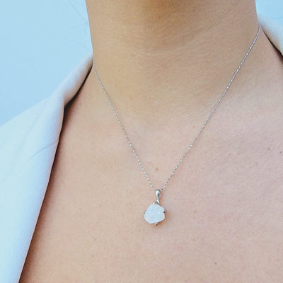 Natural raw Opal pendant chain necklace with white gold over 925 solid sterling silver, October birthstone dainty solitaire gift for her, uniquelan jewelry (fire-opal)