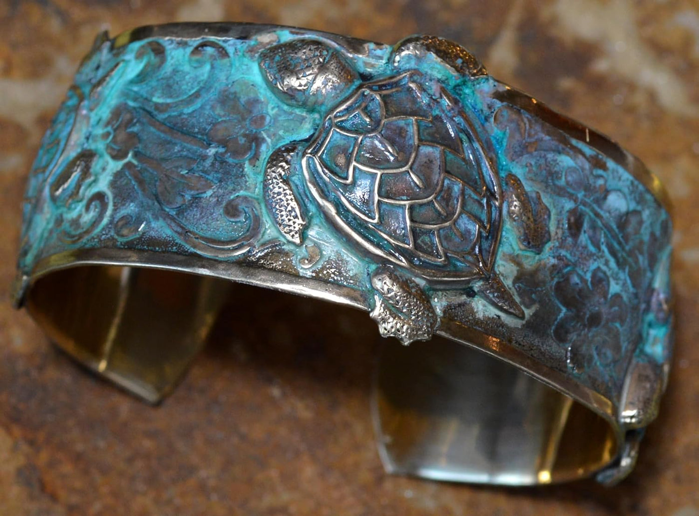 Classic Sea Turtle Cuff Bracelet - USA Made - Verdigris Patina Brass