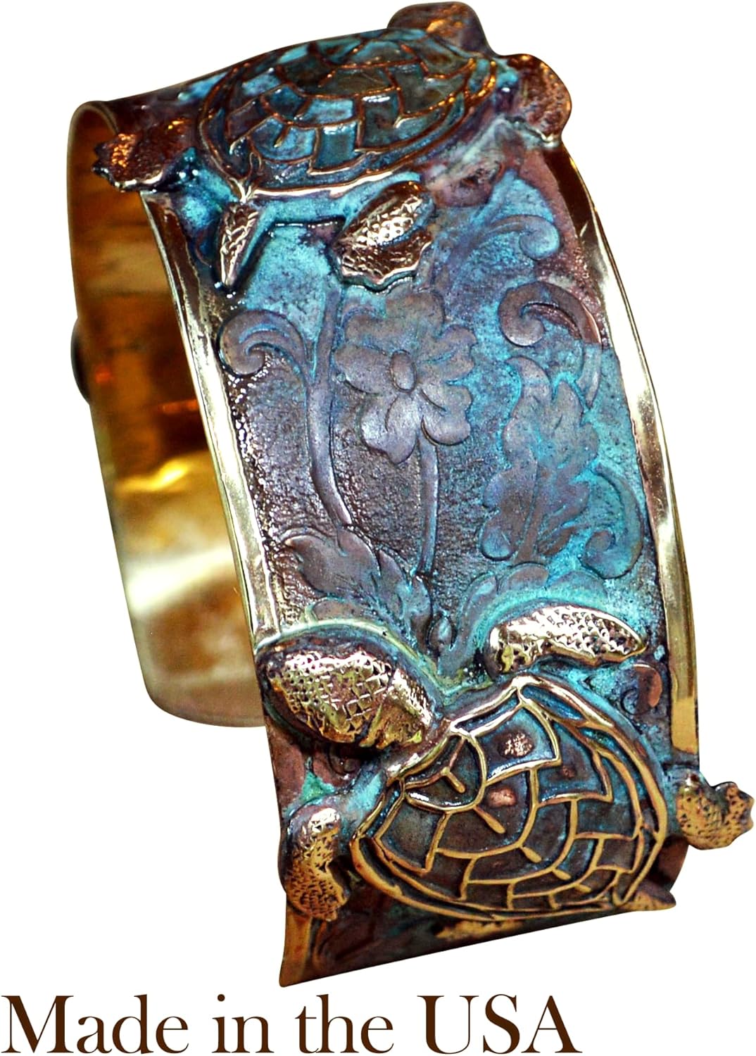 Classic Sea Turtle Cuff Bracelet - USA Made - Verdigris Patina Brass