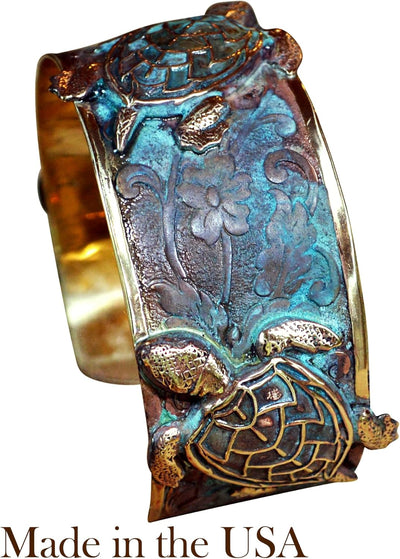 Classic Sea Turtle Cuff Bracelet - USA Made - Verdigris Patina Brass