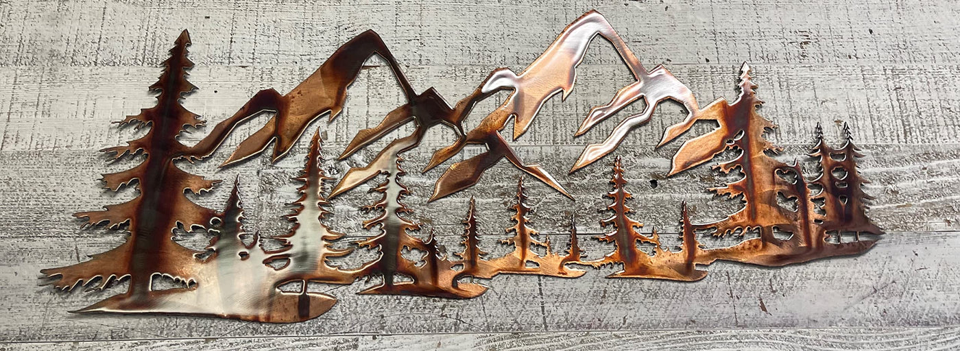 Copper Plated Metal Art Scene - Trees and Mountains (47" x 19 3/4")