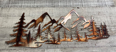 Copper Plated Metal Art Scene - Trees and Mountains (47" x 19 3/4")