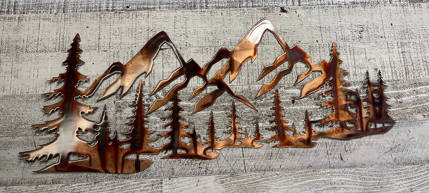 Copper Plated Metal Art Scene - Trees and Mountains (47" x 19 3/4")