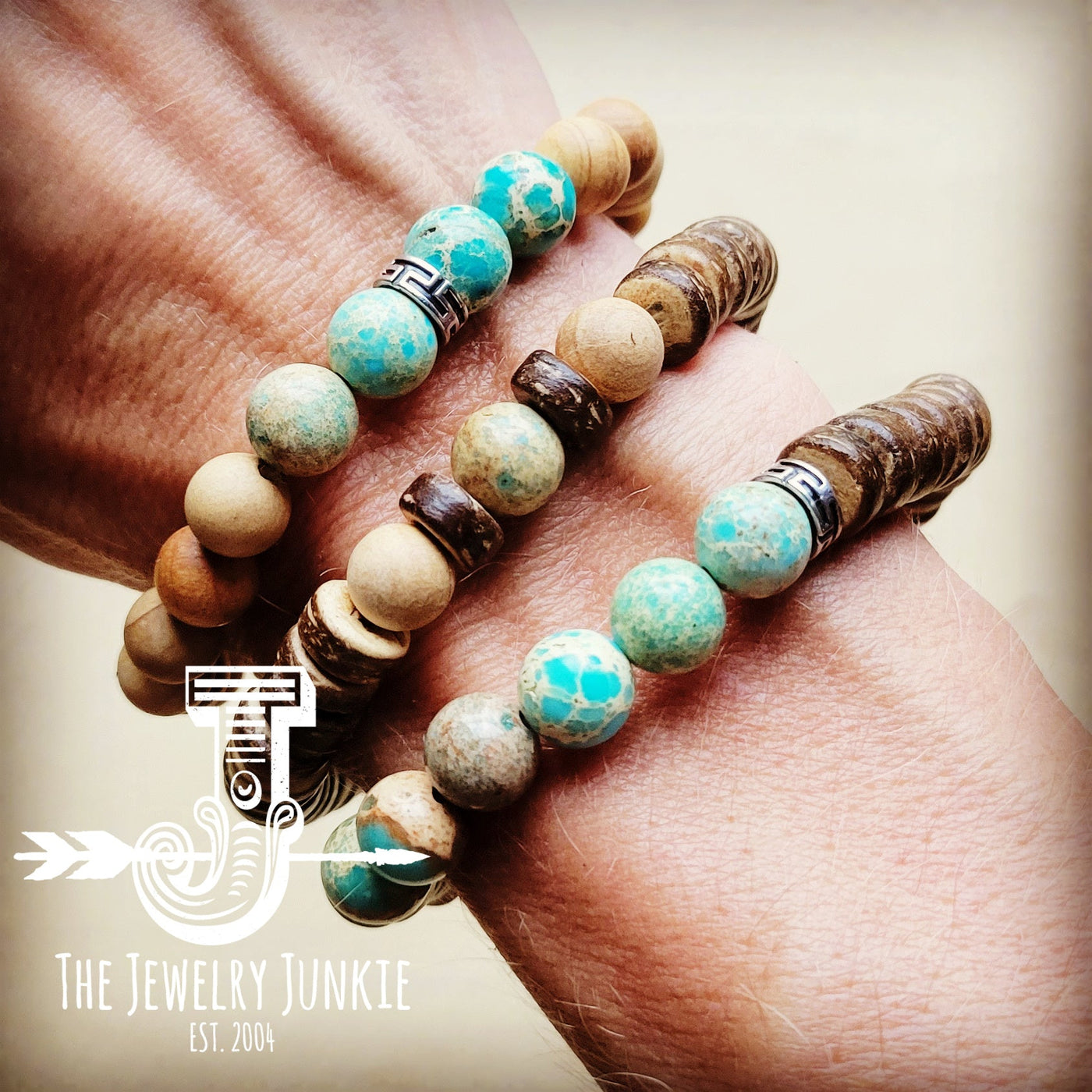 Wood and Imperial Jasper Stretch Bracelet Trio 808a by The Jewelry Junkie