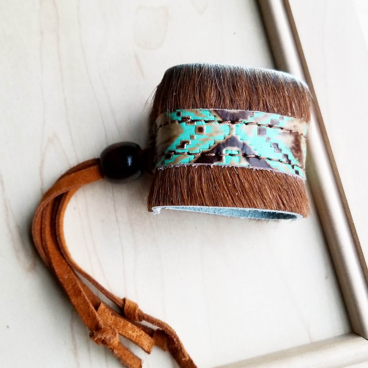 Boho Cuff Bracelet w/ Leather, Navajo Turquoise, Hair on Hide (009z) by The Jewelry Junkie