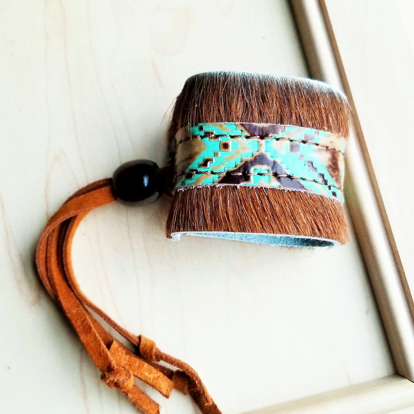 Boho Cuff Bracelet w/ Leather, Navajo Turquoise, Hair on Hide (009z) by The Jewelry Junkie