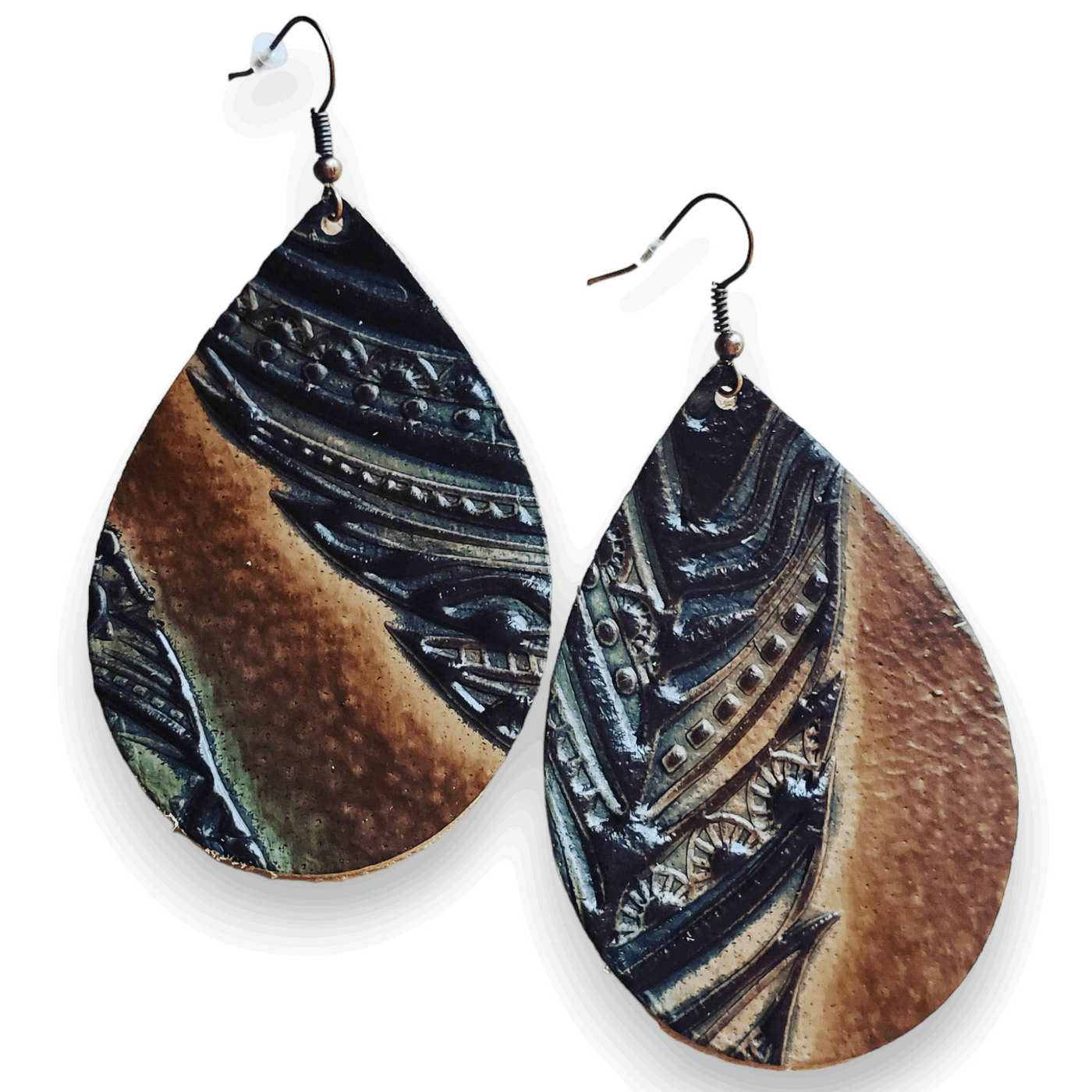 *Leather Teardrop Earrings in Embossed Tan/Turquoise Feathers  by The Jewelry Junkie*