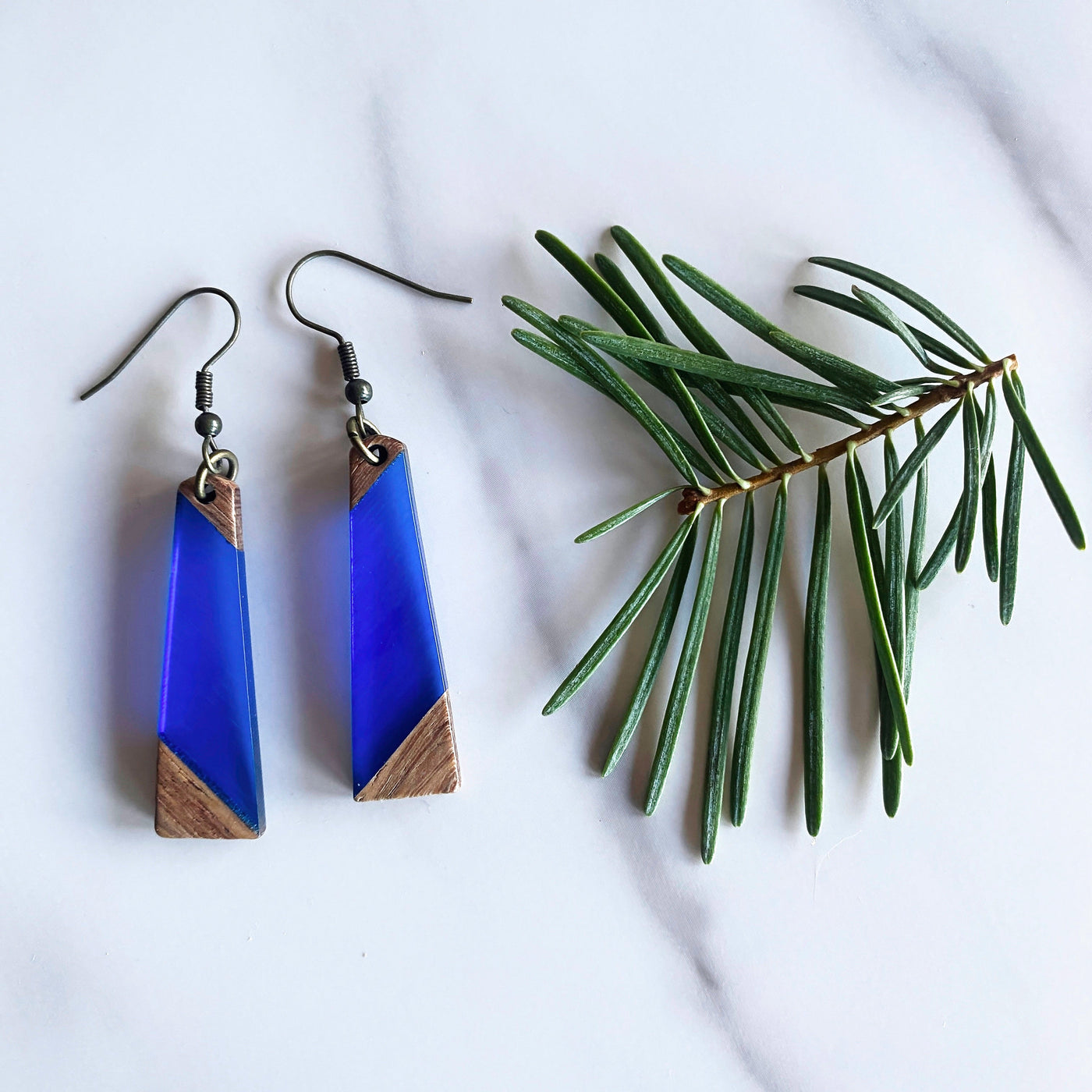 Geometric Wood + Resin Earrings | Sea Glass Colored | Long Tapered Dangle Earrings by Manifestie