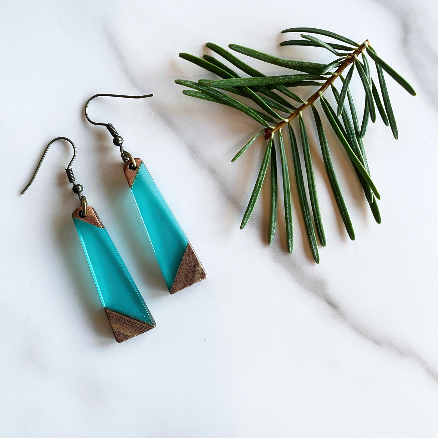 Geometric Wood + Resin Earrings | Sea Glass Colored | Long Tapered Dangle Earrings by Manifestie