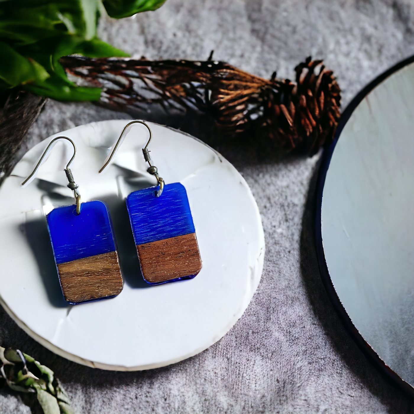 Boxy Walnut Wood + Resin Earrings | Sea Glass Colored Tahoe Blue by Manifestie