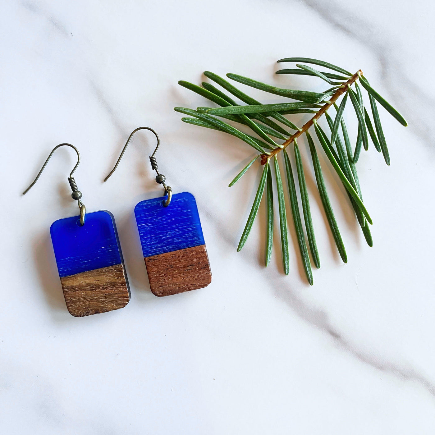 Boxy Walnut Wood + Resin Earrings | Sea Glass Colored Tahoe Blue by Manifestie