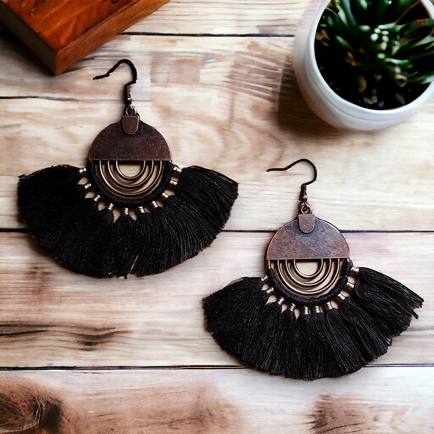 Black Fan Tassel Earrings 203k by The Jewelry Junkie