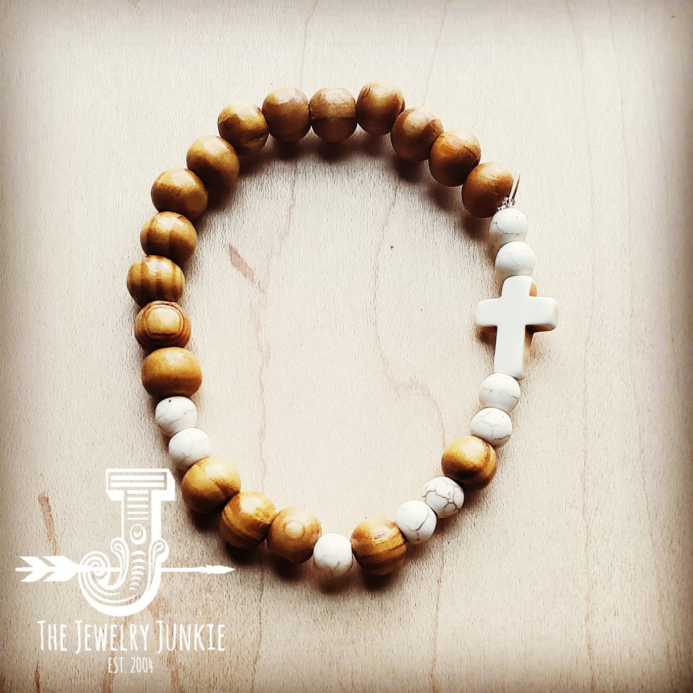 Stretch Bracelet Wood & White Turquoise Beads 804c by The Jewelry Junkie