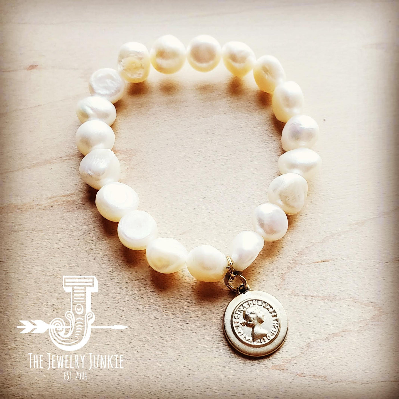 Freshwater Pearl Bracelet with Matte Gold Coin 804m by The Jewelry Junkie