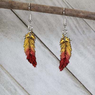 Red and Yellow Wooden Feather Dangle Earrings by Cate's Concepts, LLC