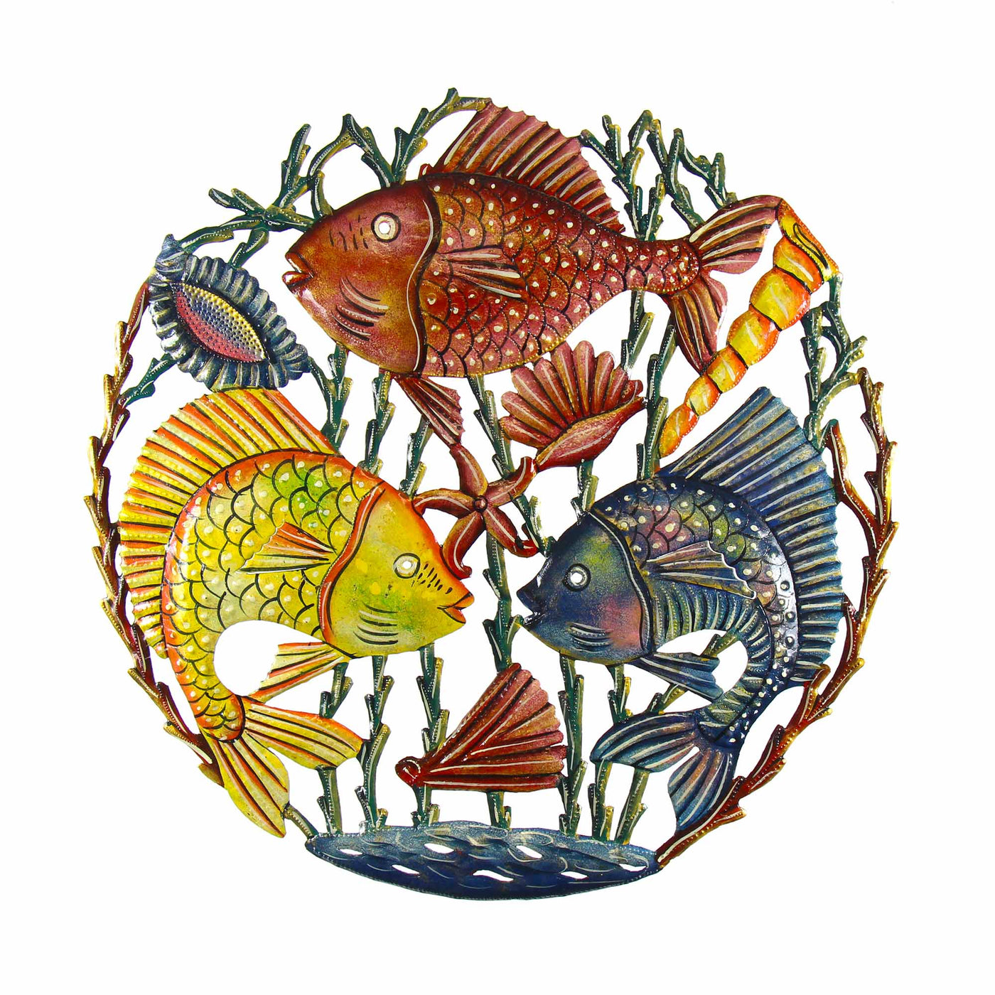 Trio of Fish Nautical Haitian Metal Drum Wall Art, 21" by Global Crafts Wholesale