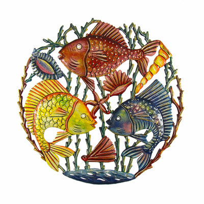 Trio of Fish Nautical Haitian Metal Drum Wall Art, 21" by Global Crafts Wholesale